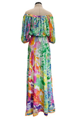 Prettiest 1970s Leonard Washed Floral Pastel Print Silk JerseyEasy -to-Wear Elastic Off Shoulder Dress