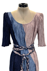 1980s Mary McFadden Couture Blue & Deep Dusky Pink Pleated Dress w Extra Long Braided Belt