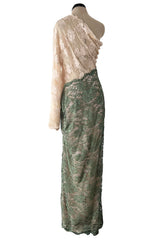 Dreamiest 1970s Geoffrey Beene One Shoulder Soft Blush Pink & Moss Green Corded Lace Dress