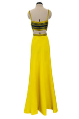 Exceptional 1960s James Galanos Yellow Silk Crepe w Blue & Yellow Beaded Back Cut Out Top