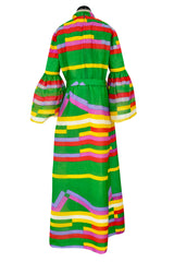 Spectacular 1968 Bill Blass Bright Striped Silk Organza Dress w Original Bow Belt & Bell Sleeves