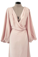 Spring 1990 Yves Saint Laurent Runway Nude Pink Version Silk Plunge Runway Dress w Balloon Sleeves