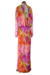 Extraordinary 1970s James Galanos Couture Floral Print Silk Chiffon Dress w Beaded Butterfly Detailing