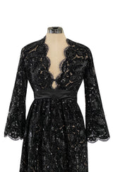 Incredible Fall 1970 Donald Brooks Runway Black Chenille & Sequin Net Lace Dress w Plunge Front