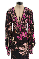 Dreamiest 1970s Emilio Pucci Black Silk Jersey Dress w V Front & Pink Flower Print
