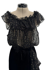Rare Fall 1978 Yves Saint Laurent Runway Metallic Gold & Black Ruffle Top & Wrap Skirt Set