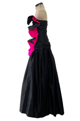 Fall 1982 Arnold Scaasi Couture Runway Black Silk Strapless Dress w Pink Ruffle