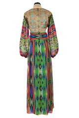 Exceptional Early 1970s Thea Porter Book Documented Faye Dress in Ikat SIlk Chiffon & Brocade