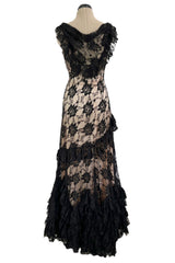 Gorgeous 2010s John Galliano Spanish Influnced Tiered & Ruffled Black Lace Bias Cut Dress