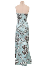 Incredible Fall 2008 Oscar de la Renta Strapless Blue & Silver Grey Floral Silk Brocade Dress