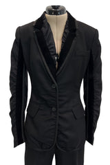 Chic Fall 2002 Yves Saint Laurent by Tom Ford Black Pant Suit w Velvet Trim & Curved Sleeves