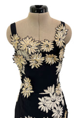 Bombshell Late 1940s Early 1950s Deep Blue Silk Wiggle Dress w Hand Cut Sequin Floral Applique