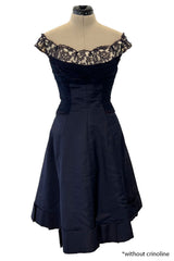 Elegant 1950s Jobere New York Deep Blue Silk & Silk Chiffon Dress w Lace Detailing