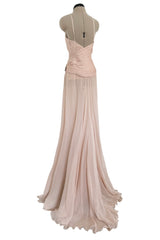 c 2007 Roberto Cavalli Pale Ballet Pink Pleated Silk Jersey Dress w Front Plunge & Rhinestones