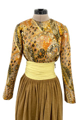 Fall 1970 Madame Gres Haute Couture Wide Leg Pant w Metallic Partially Open Tie Top Set