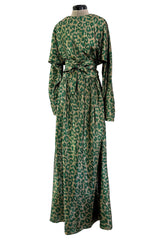 Incredible Fall 1979 Halston Runway Feather Light Green & Metallic Gold Lurex Dress w Original Belt