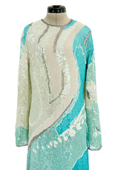 Spectacular 1983 Halston Well Documented Pastel Blues, Turquoise & Ivory Sequin Sheath Dress