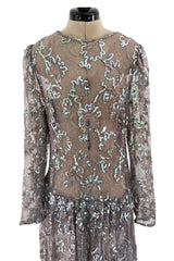 Prettiest 1970s Unlabeled Pale Grey Lace & Blue Grey Glossy Sequin Drop Waist Dress