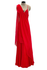 Superb Spring 1977 Halston Runway Bias Cut red Silk Chiffon Dress w Original Cape Shawl