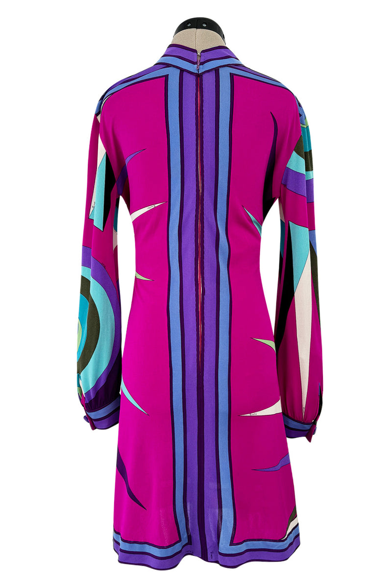 Bright 1960s Emilio Pucci Deep Fuchsia Pink & Primary Coloured Geometric Print Silk Jersey Dress