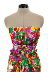 Prettiest 1980s Arnold Scaasi Strapless Metallic Finished Brilliant Floral Print Dress w Bow