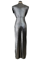 Fantastic 1990s Gianni Versace Metallic Silver Stretch Jersey Dress w Front Plunge & Long Tie