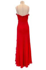 Magical 1990s Bill Blass Perfectly Minimalist Bias Cut Red Silk Chiffon Dress w Tiny Ruffle Detailing