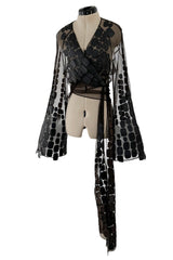 Amazing Spring 2001 Thierry Mugler Couture Runway Brown  Silk Net Wrap Top w Leather Detailing