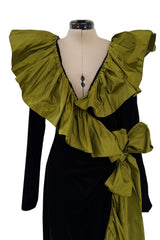 Amazing Fall 1984 Yves Saint Laurent Runway Black Velvet Wrap Dress w Olive Silk Taffeta Ruffles