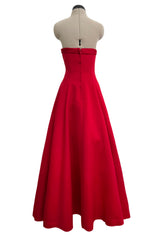 Prettiest 1980s Victor Costa Clear Red Strapless Dress w Full Skirt & Underskirts & Large Rhinestone Dome Buttons