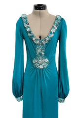 Stunning Spring 1971 Loris Azzaro Deep Turquoise Silk Jersey Dress w Densely Beaded Plunging Front Detail
