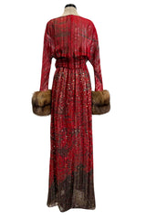 Incredible Fall 1979 Bill Blass Couture Red Silk Chiffon Dress w Gold Sequins & Mink Cuffs