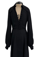 1969 Ossie Clark Bishop Sleeve Black Moss Crepe Dress w Button Front & Dog Ear Collar