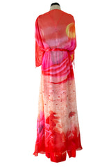 Incredible Spring 1978 Hanae Mori Brilliant Pink & Coral Sunset & Floral Caftan Dress & Cape Overlay