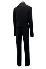 Minimalist Fall 2000 Gucci by Tom Ford Runway Look 3 Black Pant Suit w Leather Collar Detailing