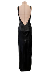 Exceptional Fall 2000 Richard Tyler Couture Plunging Front & Open Back Sculpted Black Ultrasoft Leather Dress