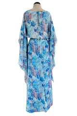 Dreamy 1970s Pierre Cardin Blue Floral Print Silk Chiffon Dress w Long Angel Sleeves