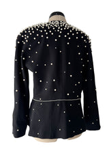 Incredible 1980s Givenchy Black Crepe Jacket w Pearl & Rhinestone Applique