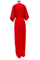 Fabulous 1970s Halston Wrap Plunge Red Full Length Dress w Wide Sleeves & Original Sash