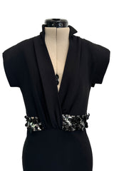 Minimalist Late 1990s Jean Louis Scherrer by Stephane Rolland Black Plunge Dress w Sequin Detailing