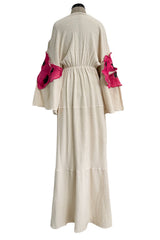 Gorgeous 1970s Unlabeled Raw Natural Cotton Dress w Huge Pink Floral Appliques