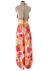 Amazing Late 1970s Bill Tice Printed Tissue Silk Backless Jumpsuit w Balloon Pouf Legs
