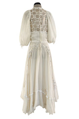 Rare 1969-75 Thea Porter Couture Embroidered Silk Organza & Gold Metallic Dress w Balloon Sleeves