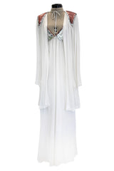 Late 1970s Ossie Clark White Jersey w Silver & Bronze Sequin Halter Dress w Matching Jacket