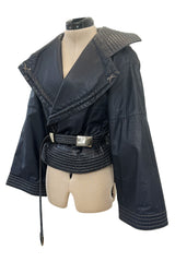 Fall 1982 Gianfranco Ferre Runway Black Blue Wrap Leather Jacket w Wide Sleeves & Huge Collar