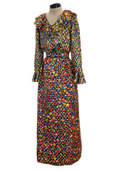 Numbered 1970s Christian Dior by Marc Bohan Demi-Couture Metallic Multi Color Silk Set