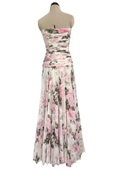 Prettiest 1970s Lanvin Couture Pastel Floral Print Strapless Silk Chiffon Dress w Balloon Sleeve Jacket