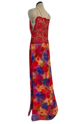 1970s Galanos Couture Silk Chiffon Pant & Over Dress Set w Metallic Lace Detailing