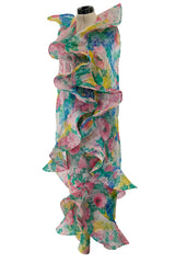 Beautiful 1980s Pierre Cardin Haute Couture Silk Chiffon Pastel Floral Ruffled Strapless Dress & Cape
