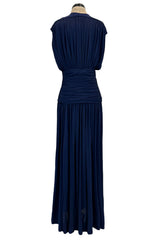 Resort 1986 Yves Saint Laurent Deep Plunge Front Blue Draped Silk Jersey Dress